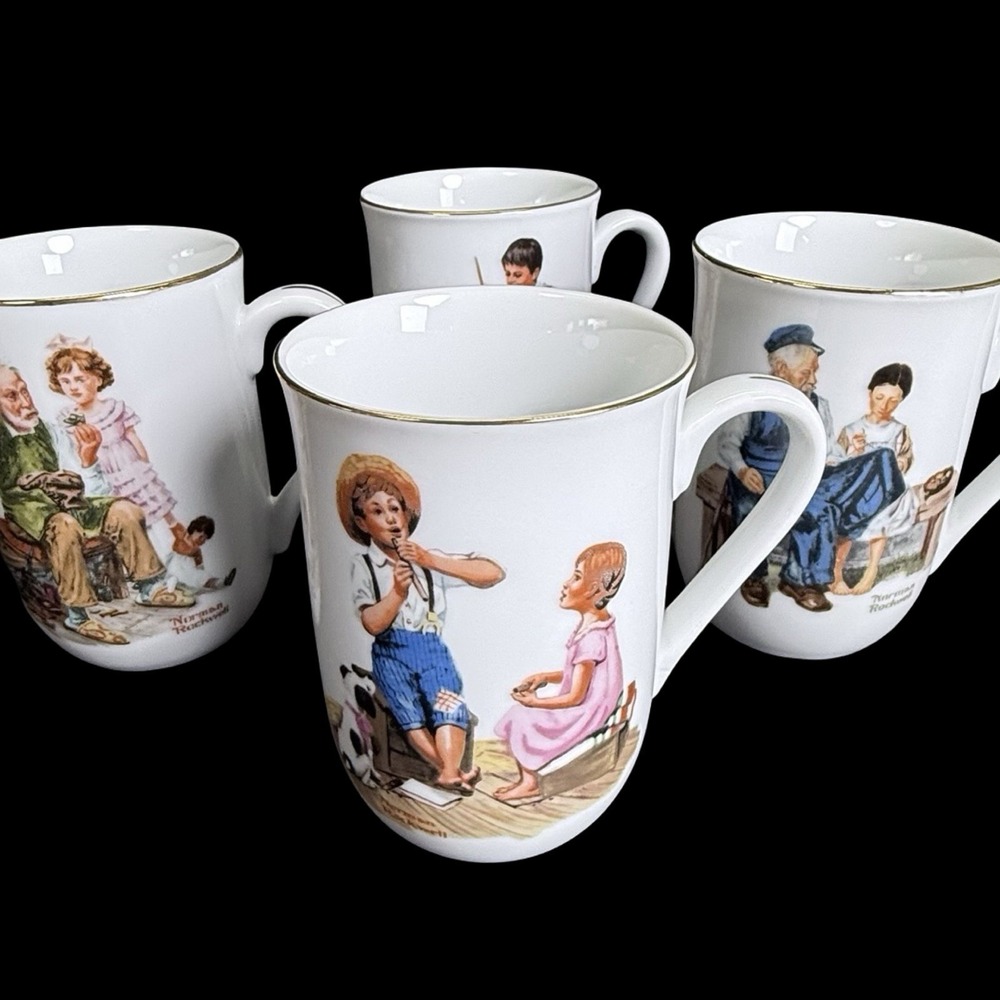 Vintage SET OF 4 Norman Rockwell Museum Coffee Mugs Cups White Gold 1982 SET B
